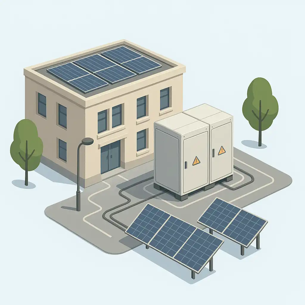 Illustration d’un bâtiment public avec panneaux solaires et système de stockage d’énergie pour une collectivité