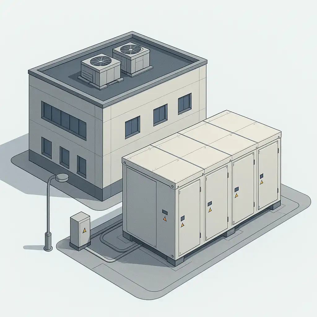Illustration d’un data center équipé d’un système de stockage d’énergie en batteries pour sécuriser l’alimentation électrique