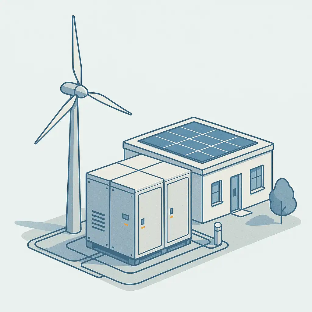 Illustration d’un site éolien avec panneaux solaires et système de stockage d’énergie en batteries