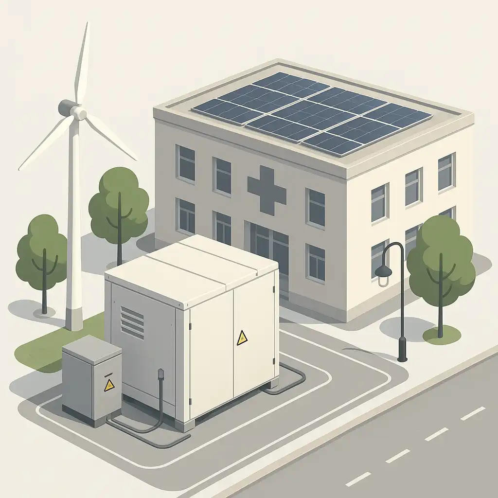 Illustration d’un hôpital équipé de panneaux solaires, d’une éolienne et d’un système de stockage d’énergie en batteries
