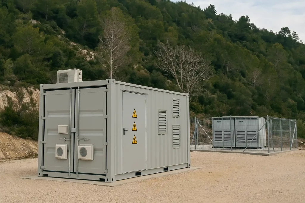 Conteneur de stockage d’énergie sécurisé installé en extérieur dans un environnement naturel
