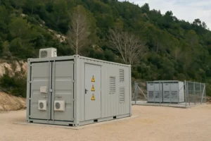 Conteneur de stockage d’énergie sécurisé installé en extérieur dans un environnement naturel