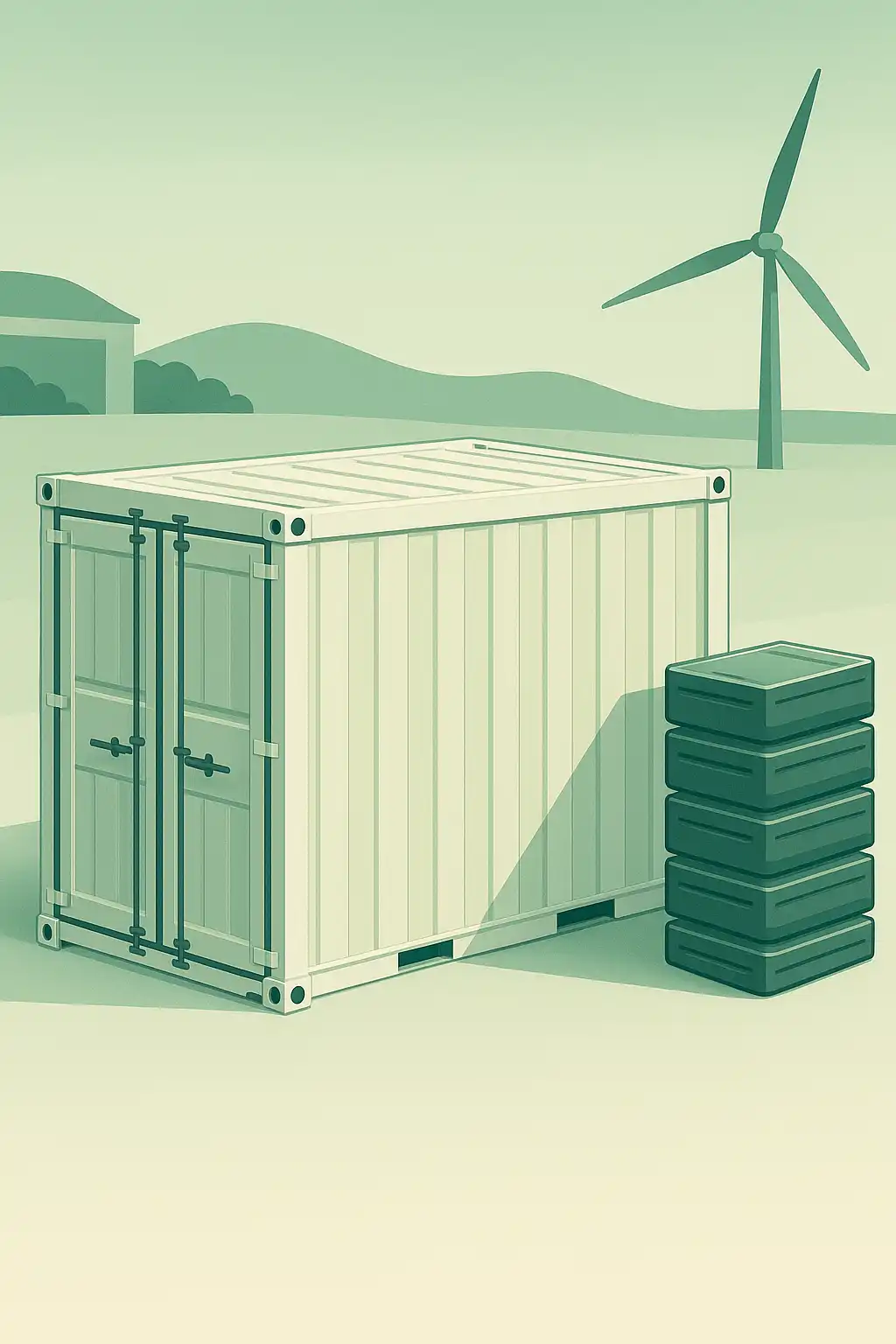Illustration d’un conteneur de stockage d’énergie avec batteries et éolienne pour énergies renouvelables