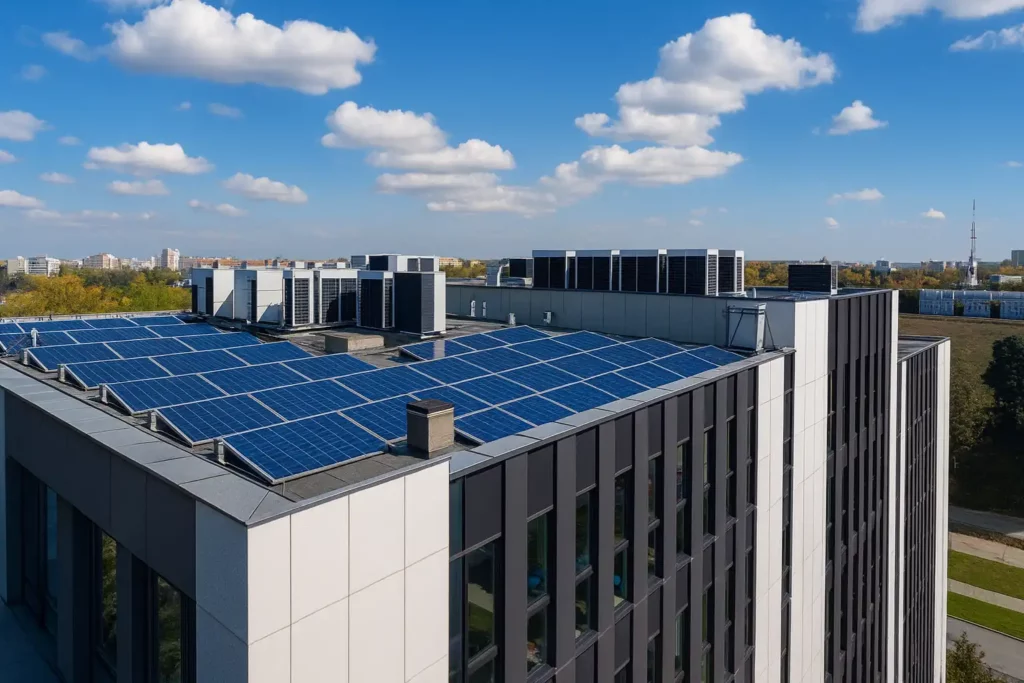 Panneaux solaires photovoltaïques installés sur le toit d’un bâtiment stratégique assurant une production d’énergie renouvelable