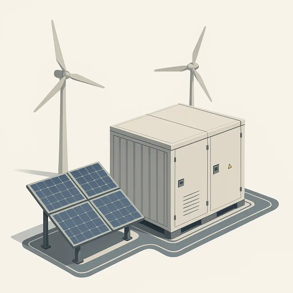 Illustration d’un système combinant panneaux solaires, éoliennes et conteneur de stockage d’énergie