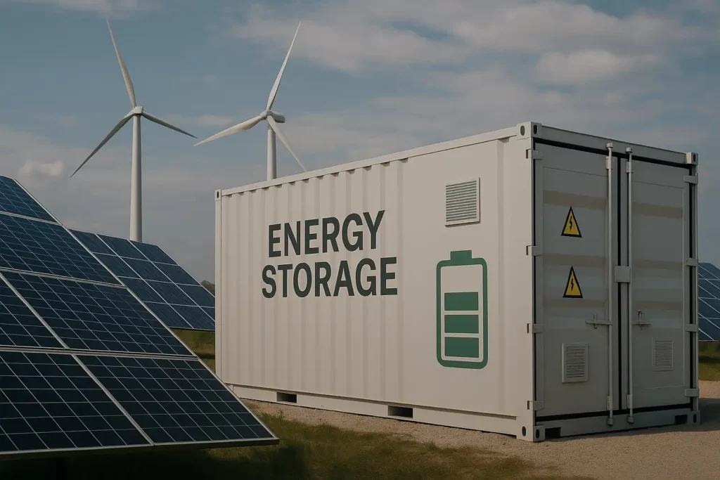 Conteneur de stockage d’énergie avec batteries installé près de panneaux solaires et d’éoliennes