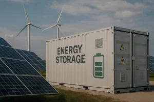 Conteneur de stockage d’énergie avec batteries installé près de panneaux solaires et d’éoliennes