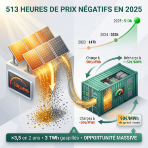 513 heures de prix négatifs en 2025 en France. Ce chiffre, publié par RTE, représente 6% du temps total et marque une multiplication par 3,5 en deux ans.